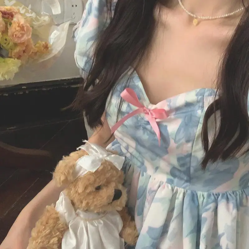 Summer Cute Sweet Puff Sleeve Lolita A Line Mini abiti per le donne Tie Dye One Word Collar Bow Mori Girl Princess Dress Vestidos