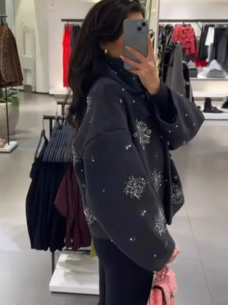 HH-Chaqueta de lana con lentejuelas estampadas y cuello levantado para mujer, abrigo informal de manga larga con cremallera, moda de invierno 2025