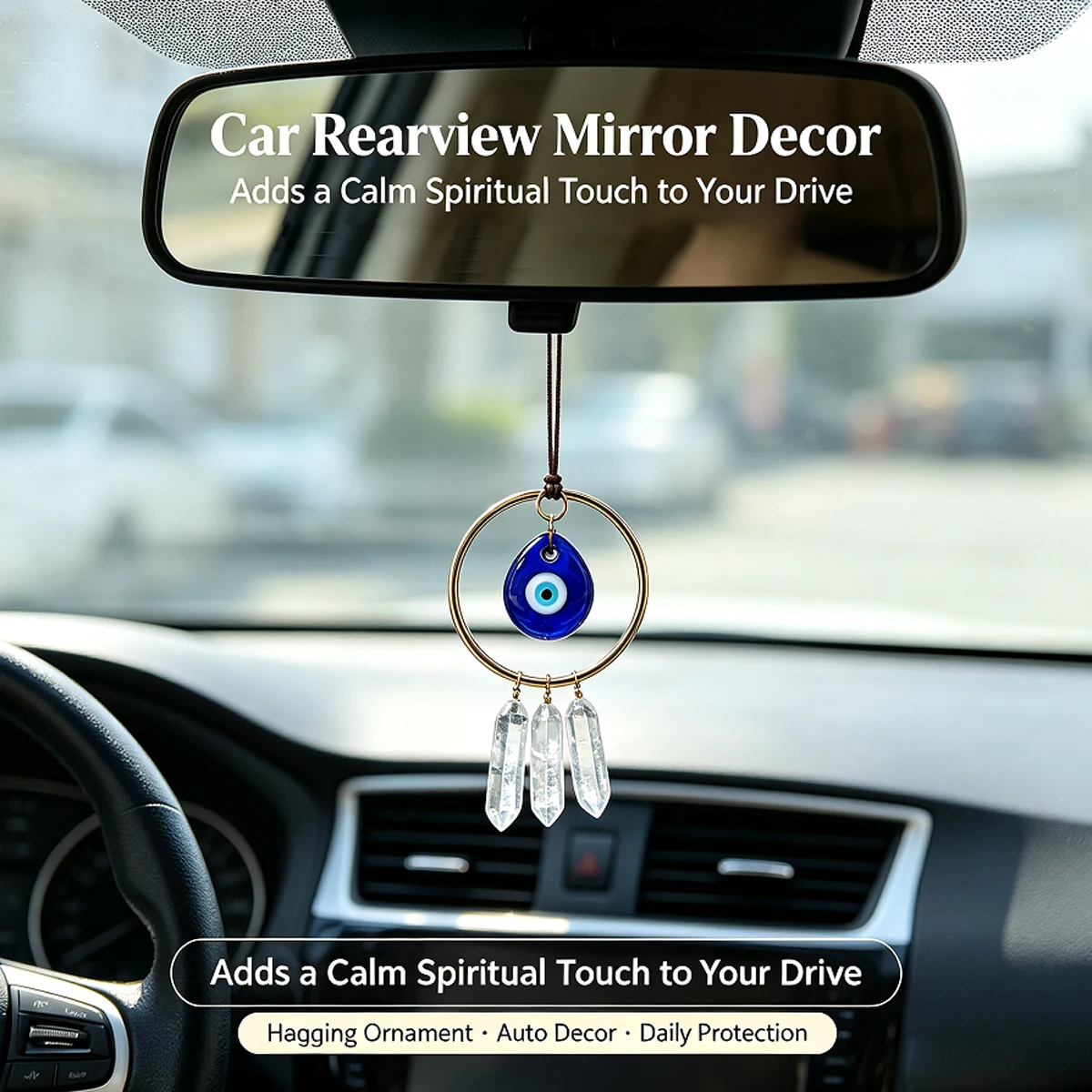 1PC Hand Carved Natural Clear Quartz Devil's Eye Pendant, Reiki Healing Energy Gemstone Car Hanging Jewelry, Yoga Protection Amu
