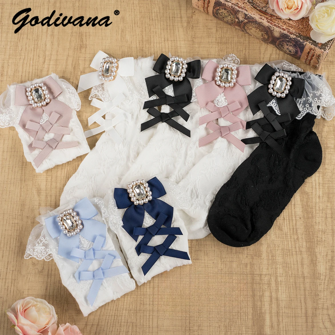 Japanese Sweet Girls Diamond Gem Bow Lace Socks New Spring and Autumn Women's Lolita White Black Cute Middle Tube JK Socks