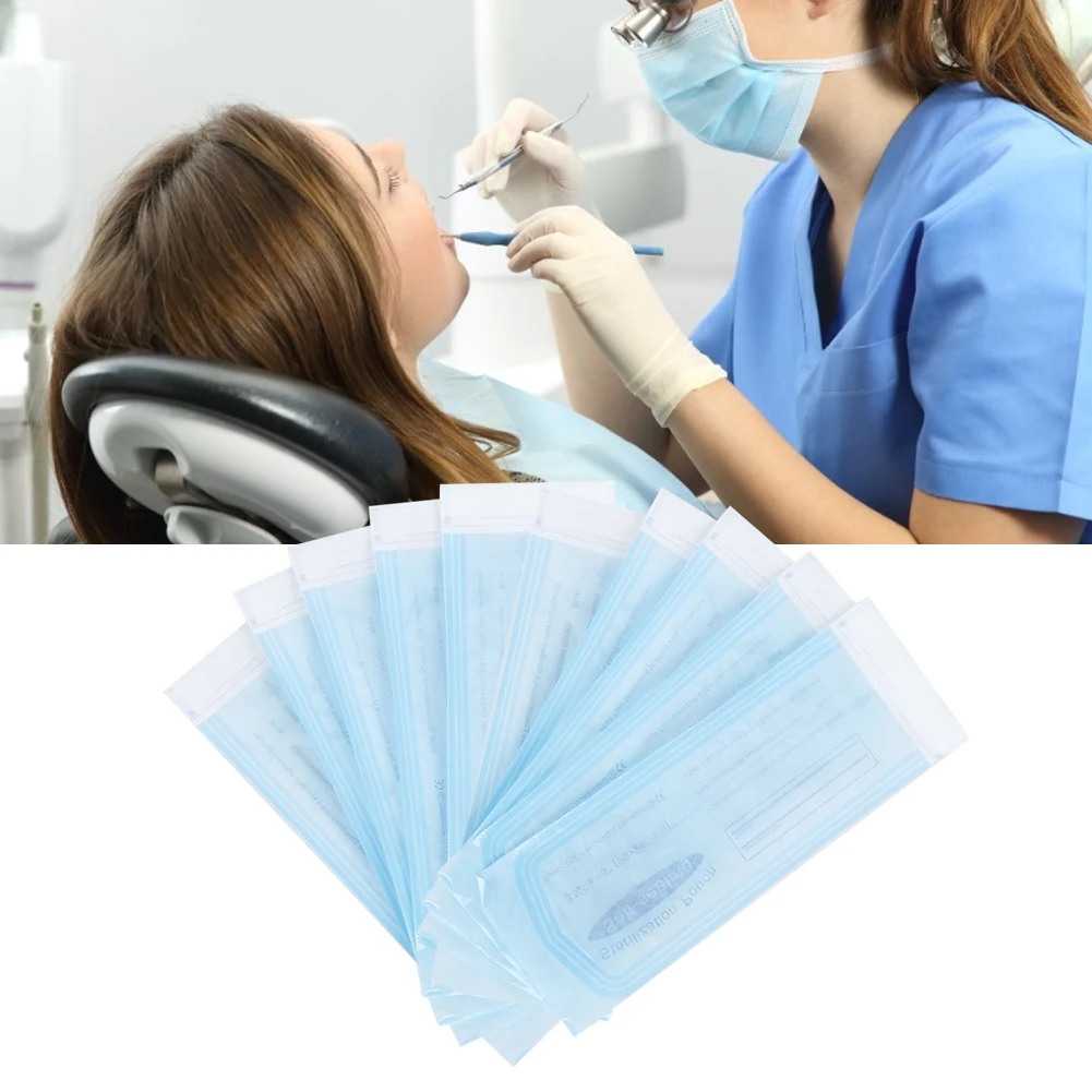 200PCs Self-Sealing Bag Dental Supplies PVC Pouch Transparent Film Blue Sterilization Pouches Bags Medical Grade Dental Art Bags