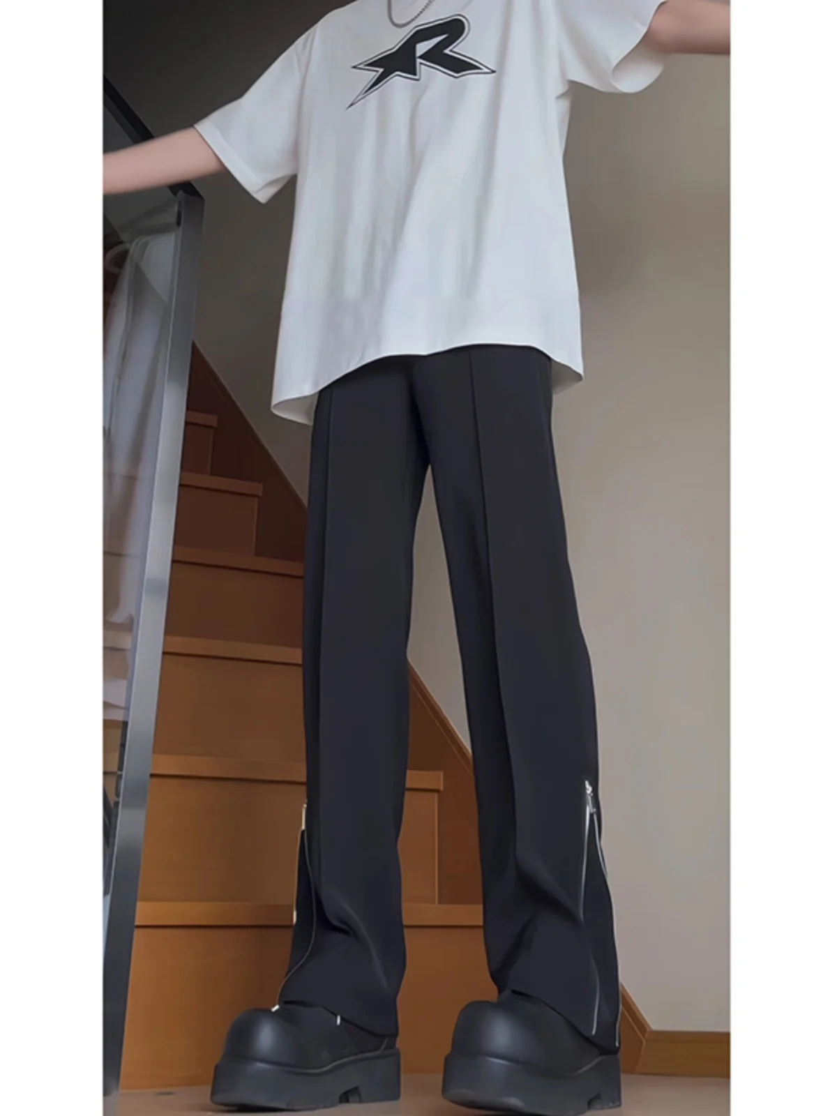 

Bla Zipper Men's Summer Thin Wide Leg Pants Cleanfit Drapey Straight Cut Trousers Casual Loose Fit Long Pants Teen Faion