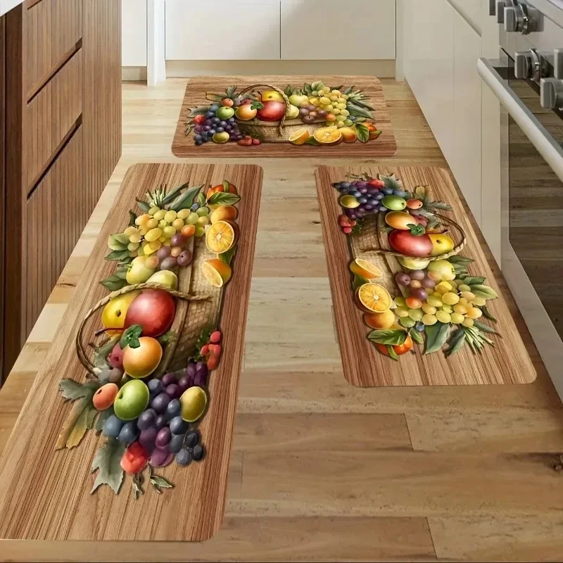 VIKAMA Wood Grain Kitchen Mat Fruit Pattern Anti Fatigue Floor Mat Soft Cushioned Rug For Kitchen Rustic Home Decor