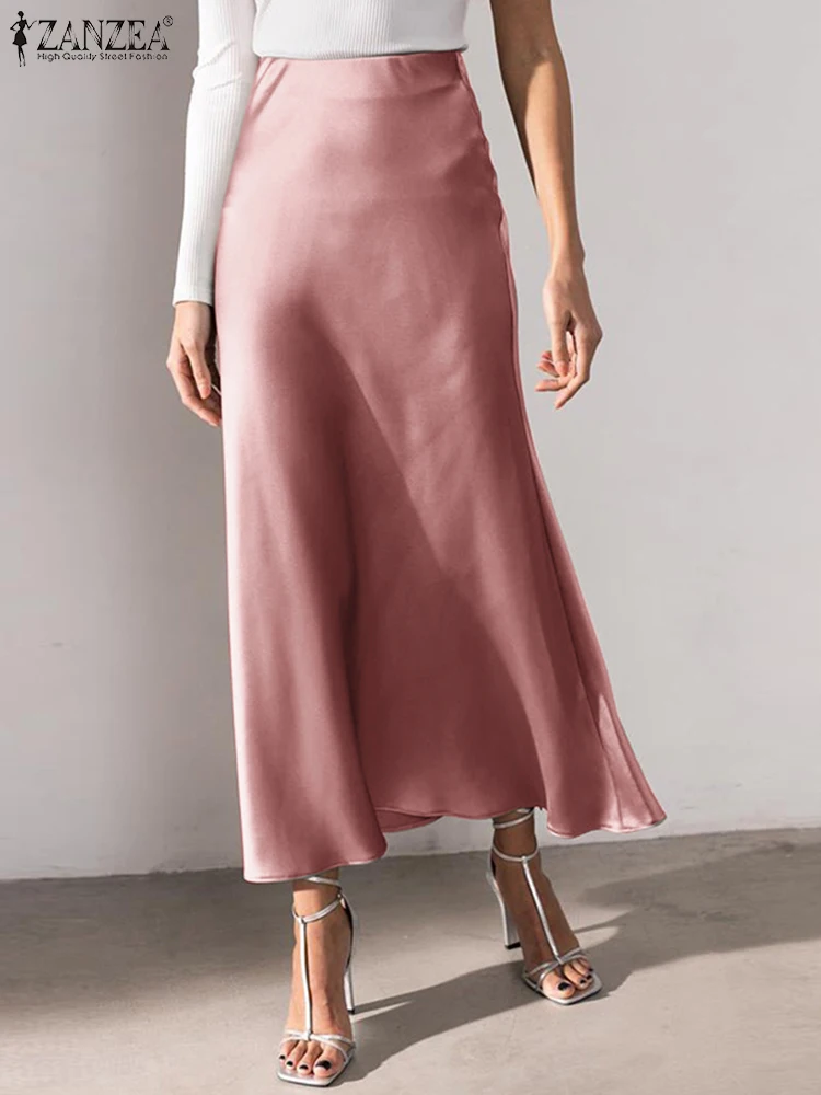 

ZANZEA 2024 Women Fashion High Waist OL Party Satin Skirts Solid Midi Skirt Jupe Summer Elegant Female Holiday Work Faldas Saia