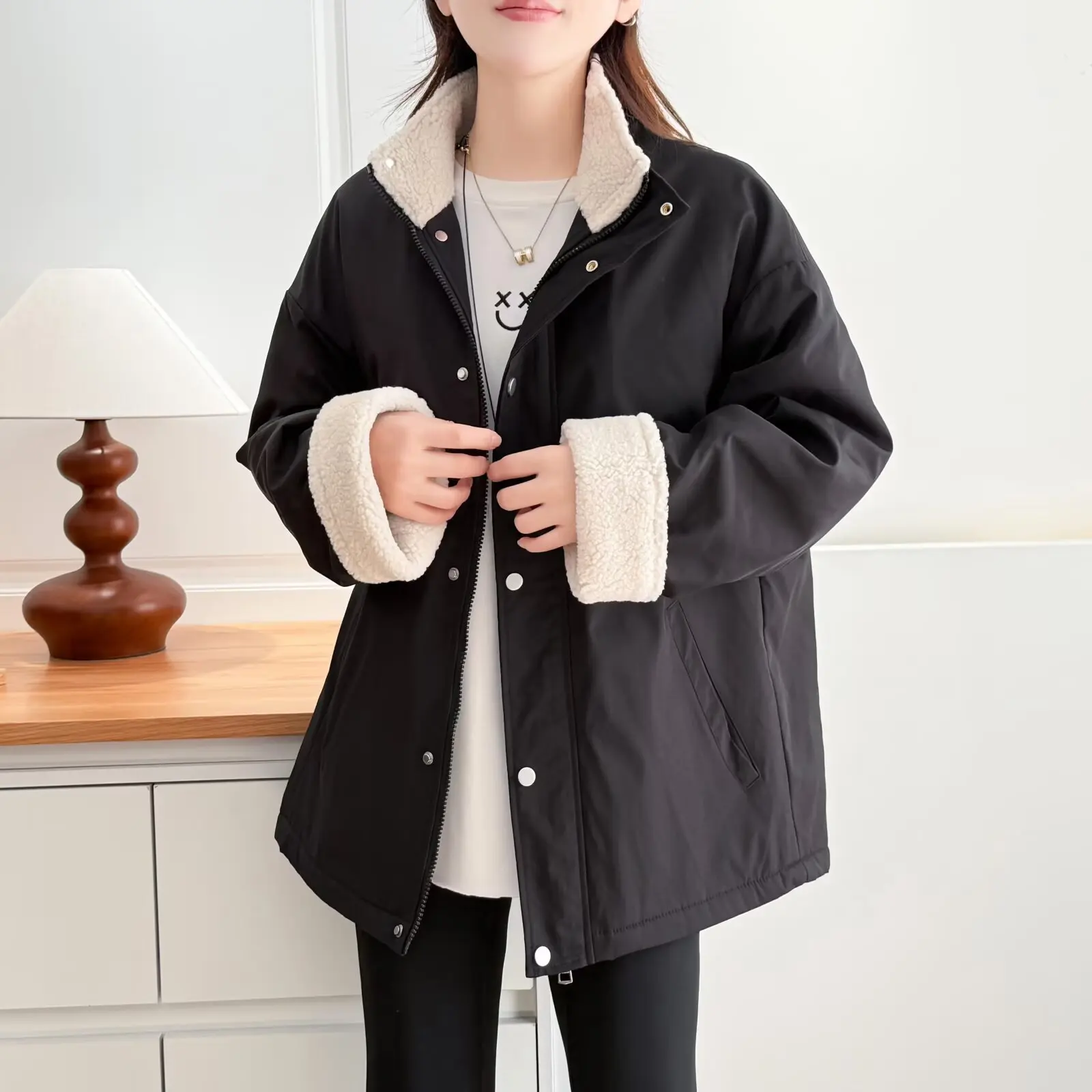 XXXXL موضة حجم كبير سترات نسائية شتوية جديدة غير رسمية بياقة واقفة جاكيت من الصوف معاطف متوسطة الطول 691 #1