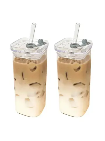 1Pcs Square Heat Resistant Coffee Glass Cup With Lid and Straw Transparent Milk Tea Juice Cups Coffee Mug For Home Bar Drinkware