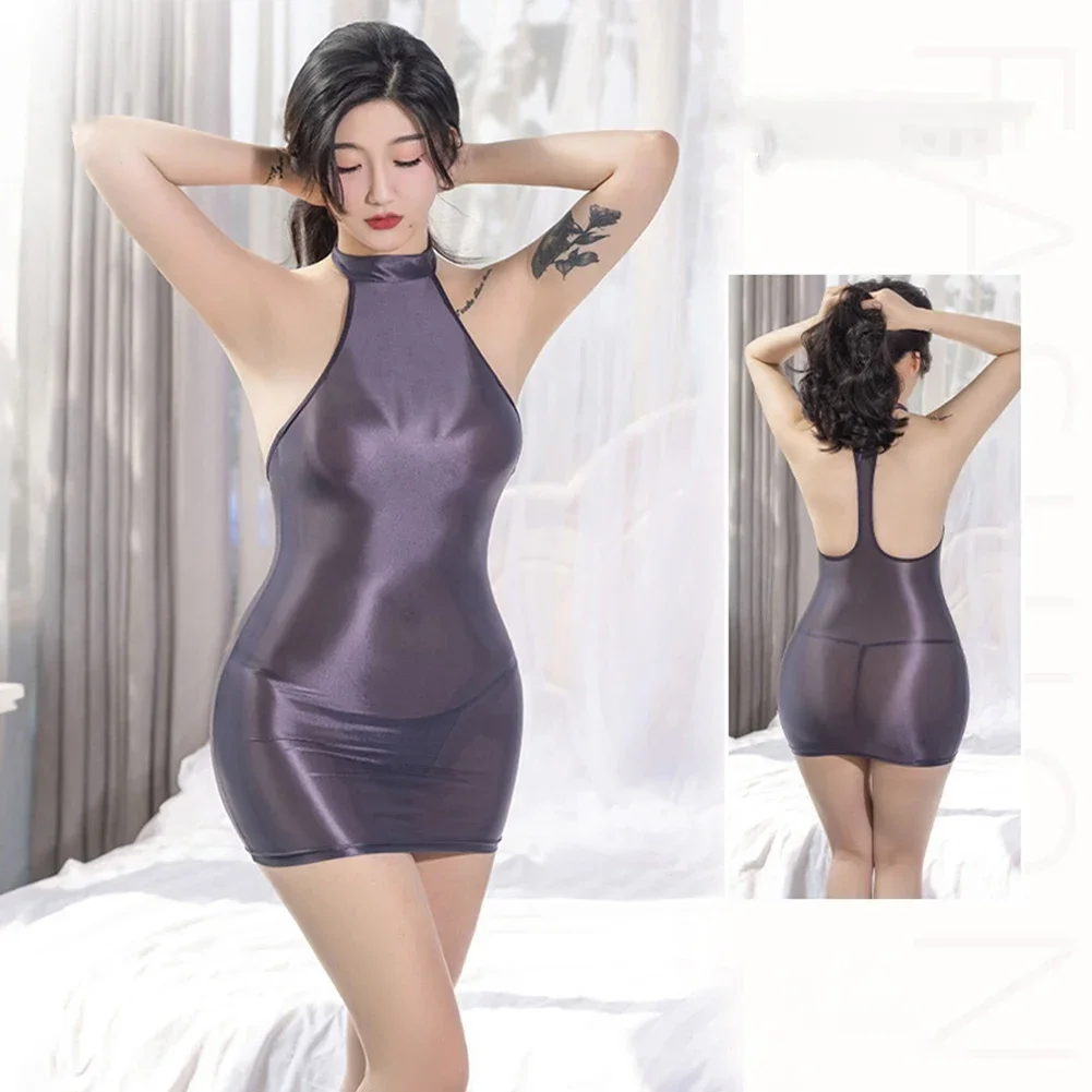 Womens Sexy Nightdress Sleeveless Backless Transparent Sheer Satin Glossy Bodycon Dress Clubwear Party Seduction Homewear Dress