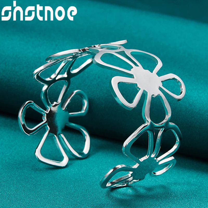 3pcs 925 Sterling Silver Flower Jewelry Sets Snowflake Chain Pendant Necklace Bangle Earrings Set For Woman Wedding Engagement