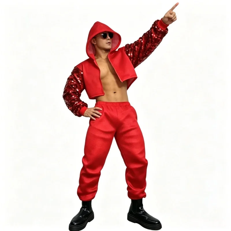

Men Red Sequins Hooded Jacket And Pants Set Hip Hop Jazz Dance Performance Costume Stage Carnival Party Show Rave Outfit