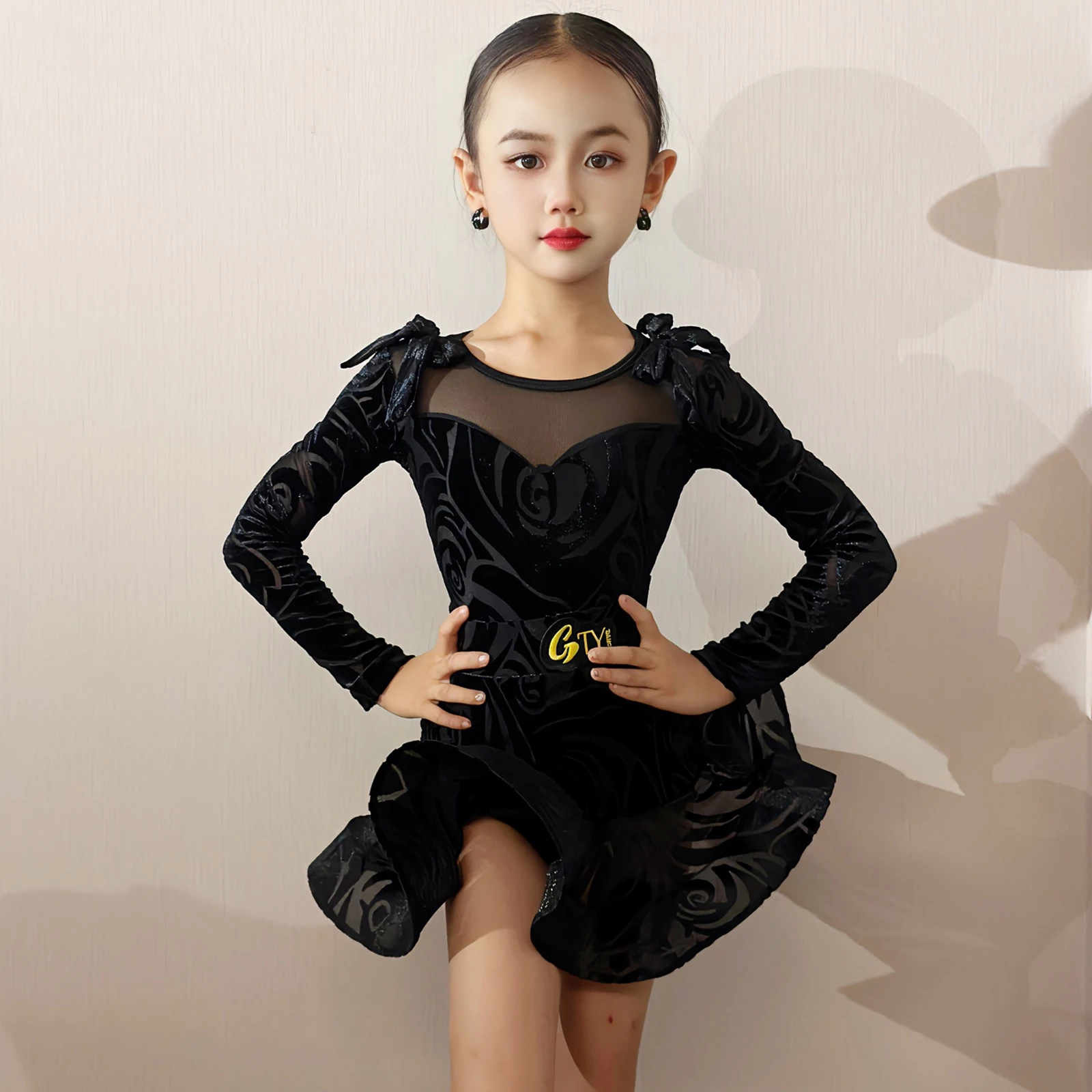 

Детский топ с длинными рукавами и юбкой, разделенный костюм, костюмы для латинских танцев для девочек, тренировочная одежда для чача-самбы, одежда для соревнований