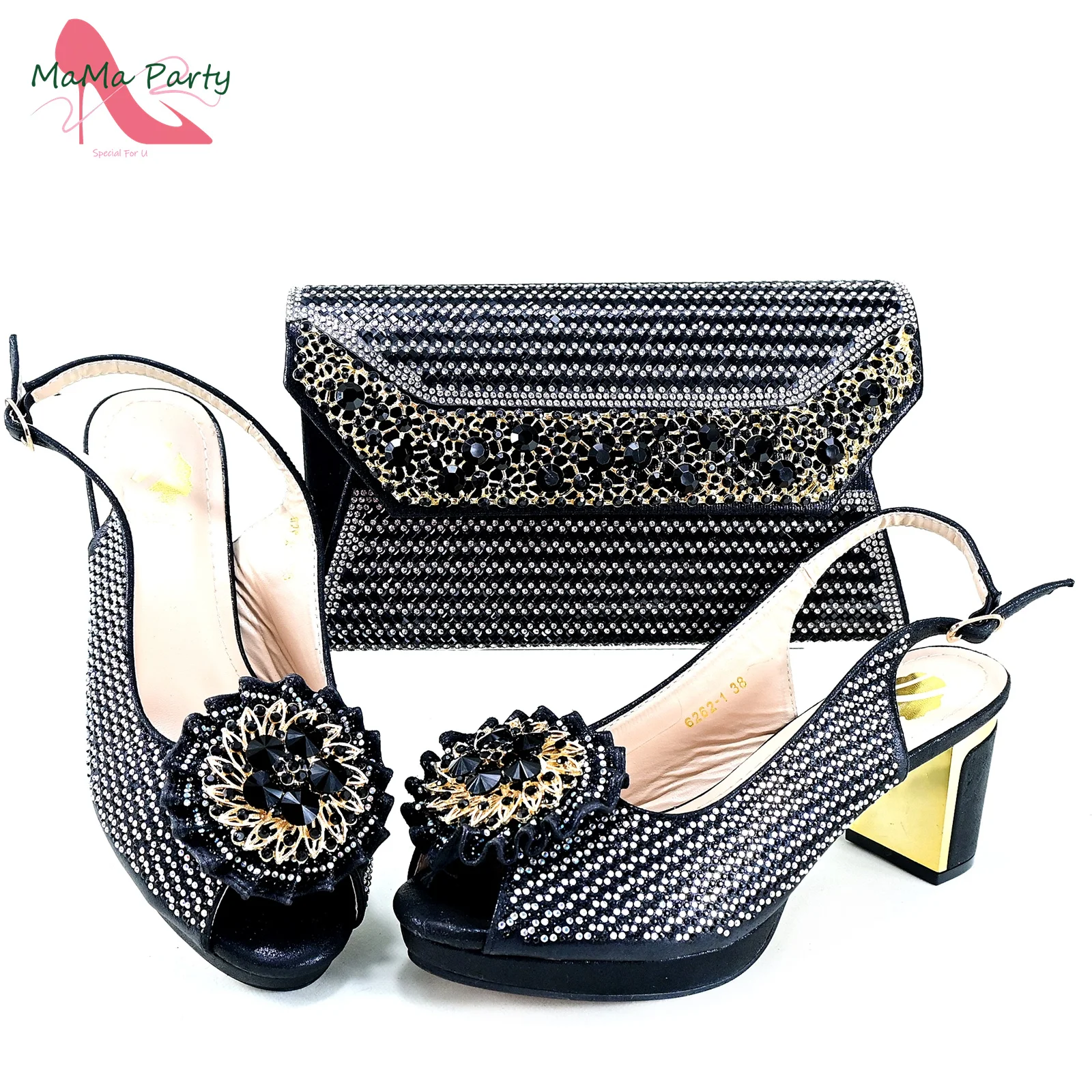 

2024 Italian Royal New Arrivals Shoes Matching Bag in Black Color Decorate with Rhinestone Classics Style Sandals for Wedding