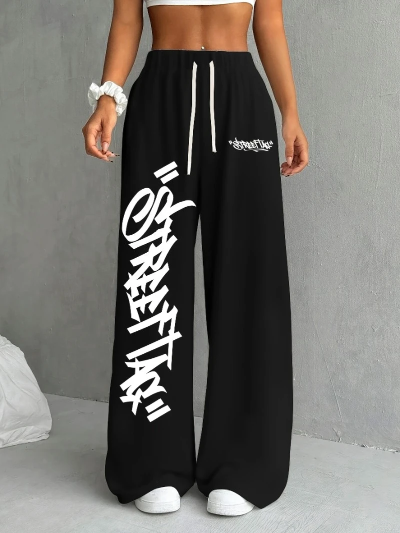 

Y2K Streetwear Jogger Pants with Graffiti Letter Print - Black Geometric Pattern Straight-Leg Casual Workout Pants, Drawstring