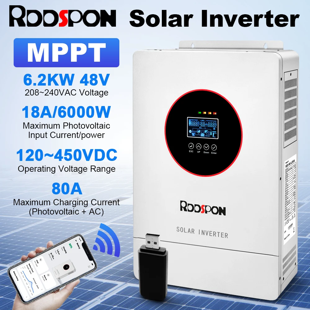 6.2KW 4.2KW Hybrid Solar Inverters MPPT 80A 24V 48V Pure Sine Off-Grid  Inverter control Optional WIFI integrated machine Charge