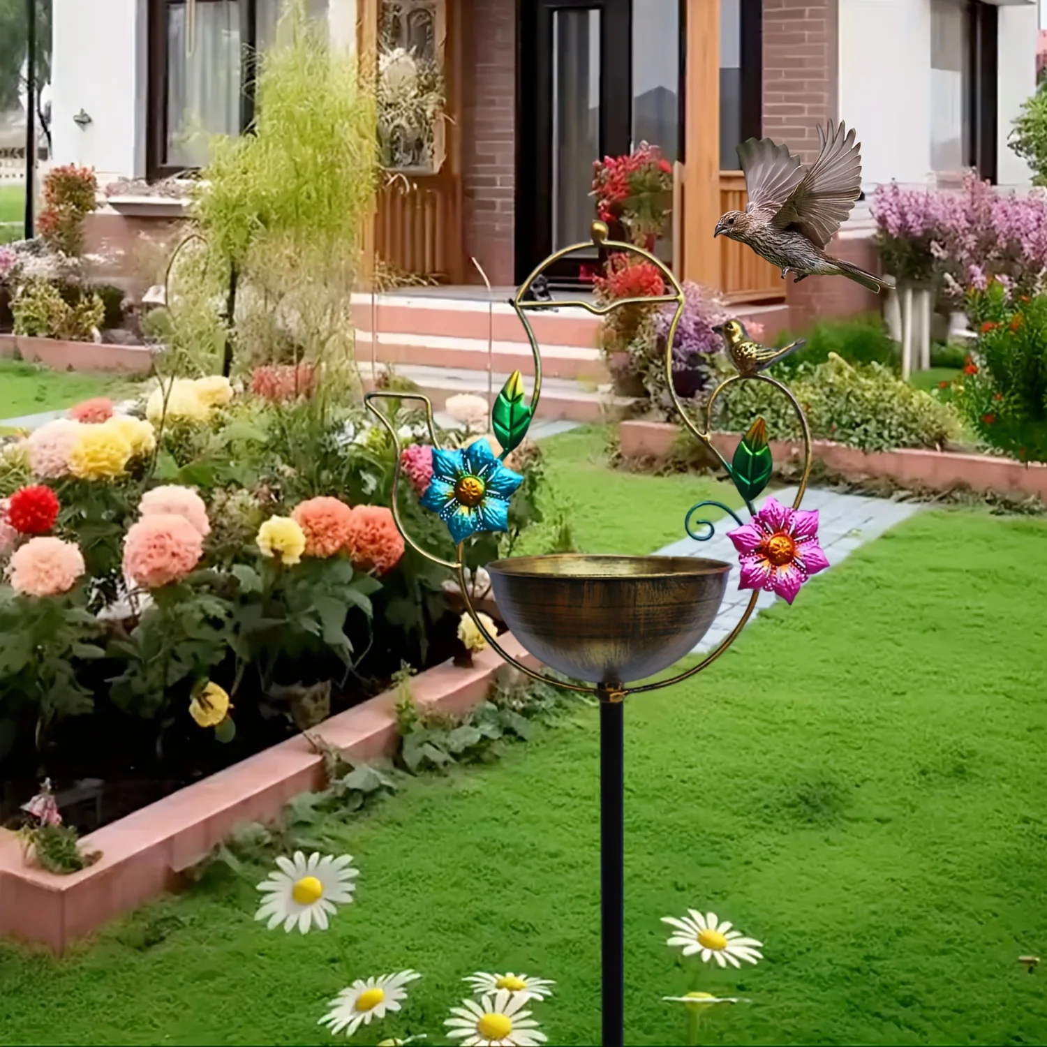 

1 Piece Bird Feeder Kettle, Vintage Outdoor Bird Bath - Gold Base, 3-Legged Stand, Blue-Green Floral Design, Pink and Gold Color Scheme - Attracts Birds, No Electricity Needed, Easy to Install, Suitable for Backyard, Balcony or Commercial Spaces - Durable