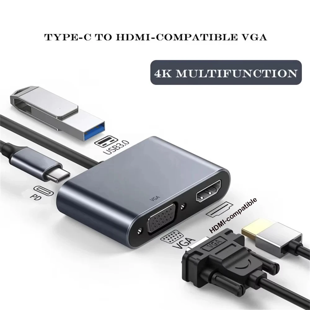 Type C To 4K HDTV & VGA  4in1 3in1 USB C Hub Docking Station 100W PD Fast Charge Splitter for MacBook Pro/Air Laptop