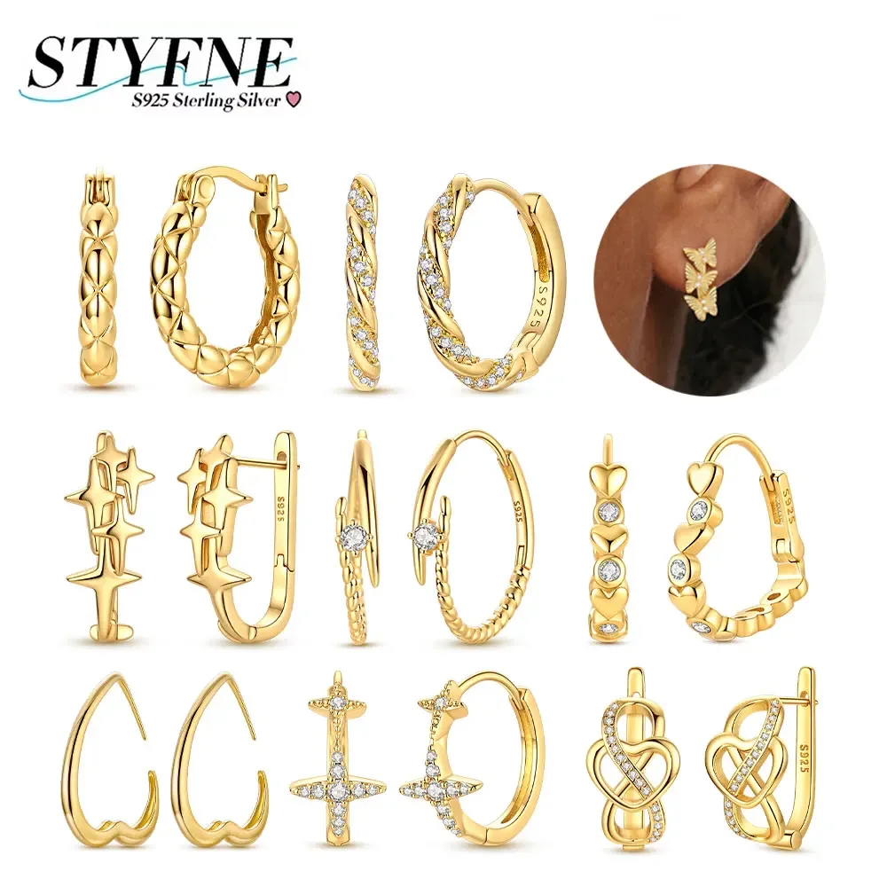 Gold Plated 925 Silver Quilted Twisted Star Heart Cross Infinity CZ Huggie Hoop Earrings Jewelry Gifts for Women