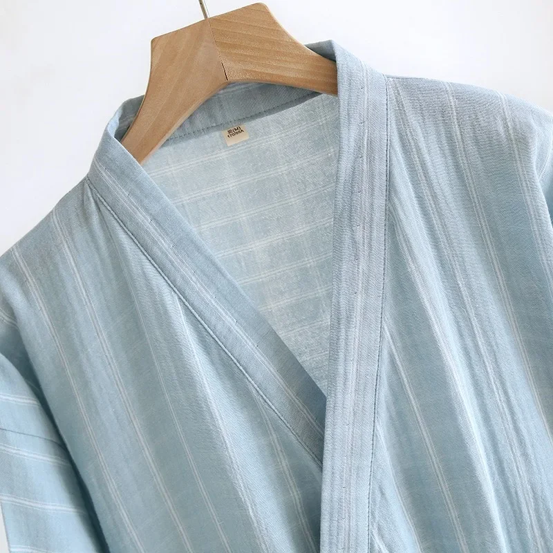 2024 nouveau été hommes pyjamas Robe 100% coton Robe pyjamas amples hommes Robe bleu rayé Pknit Robe de nuit