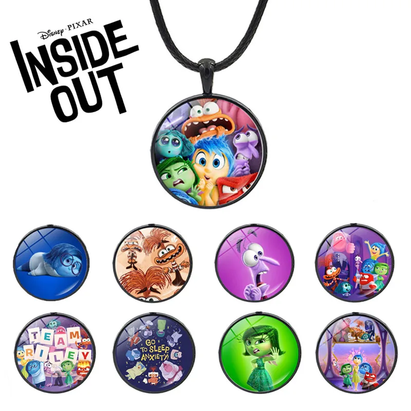 Disney Inside Out kalung tali hitam animasi, Aksesori liontin kaca kecil perhiasan wanita kartun Sweater rantai