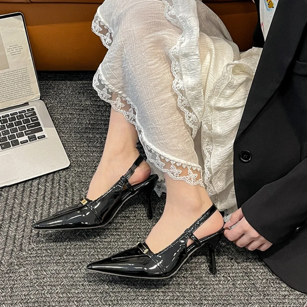 2026 New Summer Women's Dress Shoes Patent Leather Slip on Pointed Toe Sandals Buckle Slingbacks Mid Heels Pumps Sandalias Mujer
