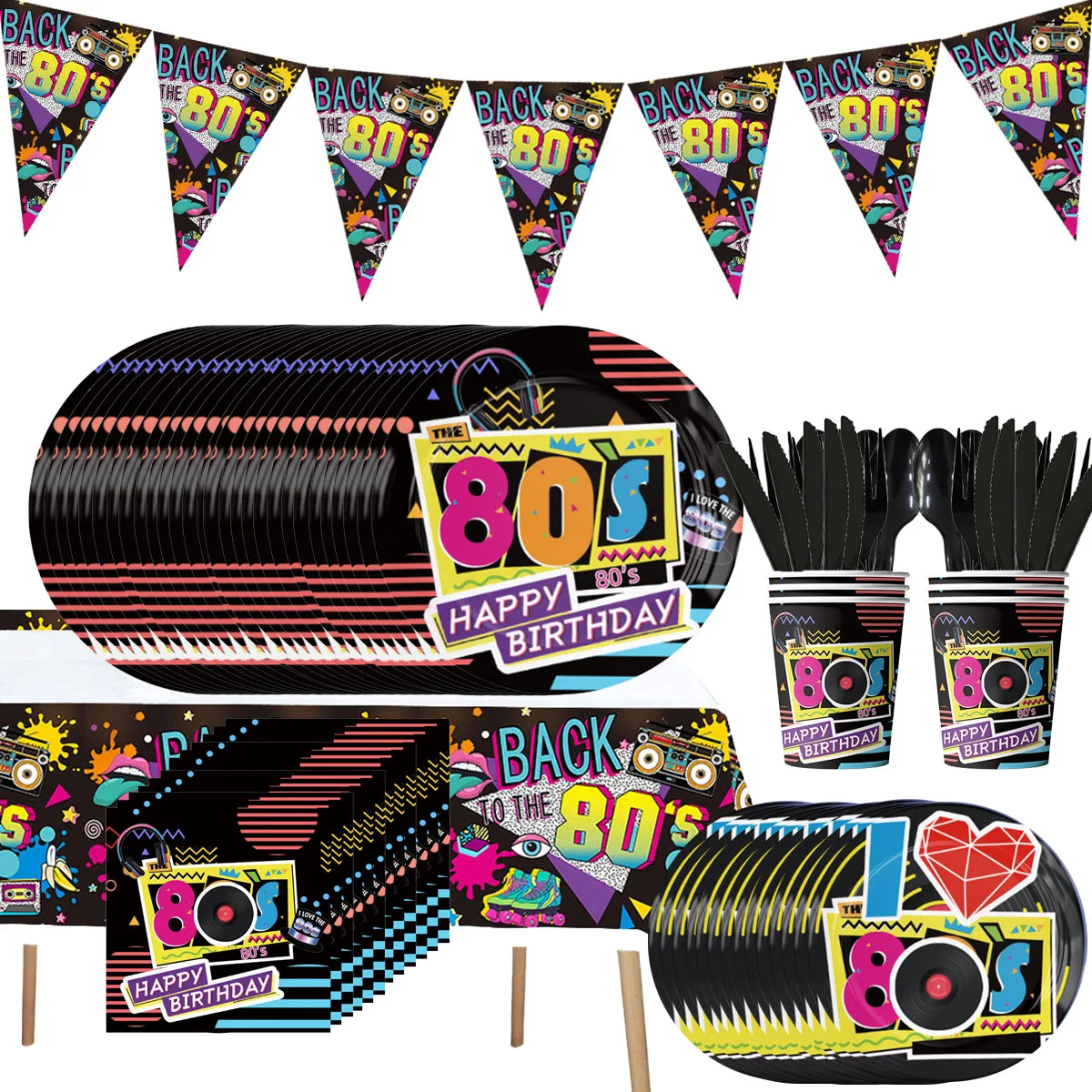 80s Theme Birthday Party Decorations Disposable Tableware Set Paper Plates Napkins Cups