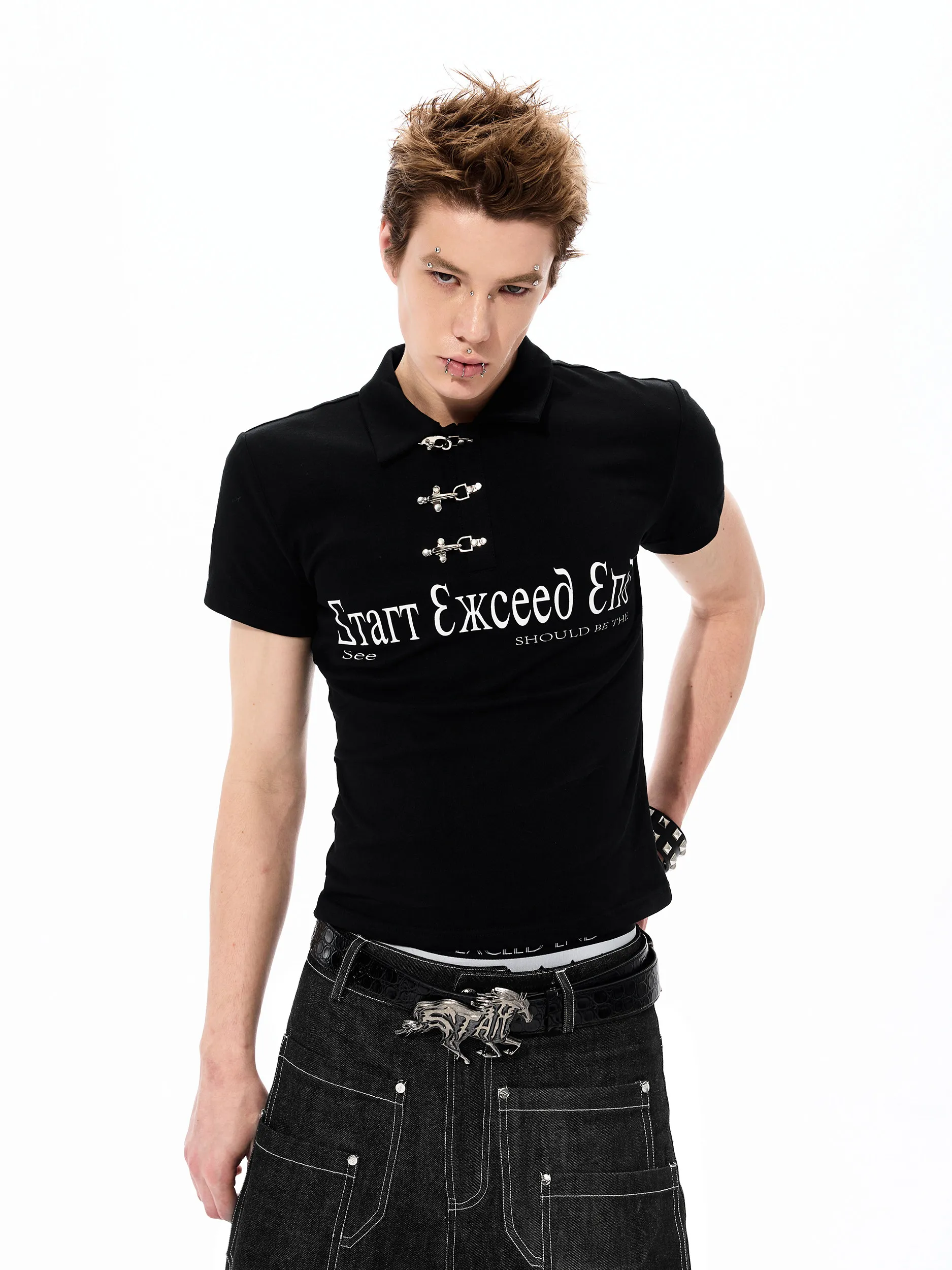 High Street Tees Tshirts Men's Metal Airplane Buckle Polo Shirt Men's Summer Letter Print Slim Fit Short Sleeved T-shirt Tops