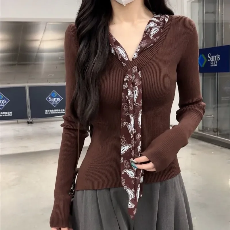 2025 AutumnWinter New Korean Style Slim Fashion Temperament Ribbon Chic V-Neck Long Sleeve Sweater for Women