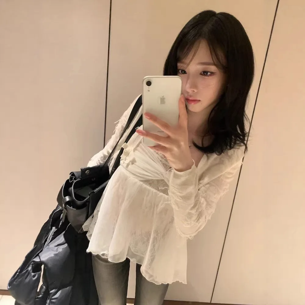 Lace Mesh Splice Strap Vest Women Summer Loose Cross Knotting Thin Knitted Tube Top Halter Neck Splice Design Breathable