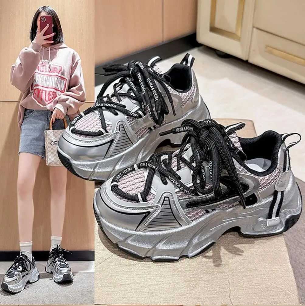 Women High Platform 6CM Casual Sneakers 2024 New Spring Lace-up Chunky Sneakers Korean All-match Designer Street Shoes Woman