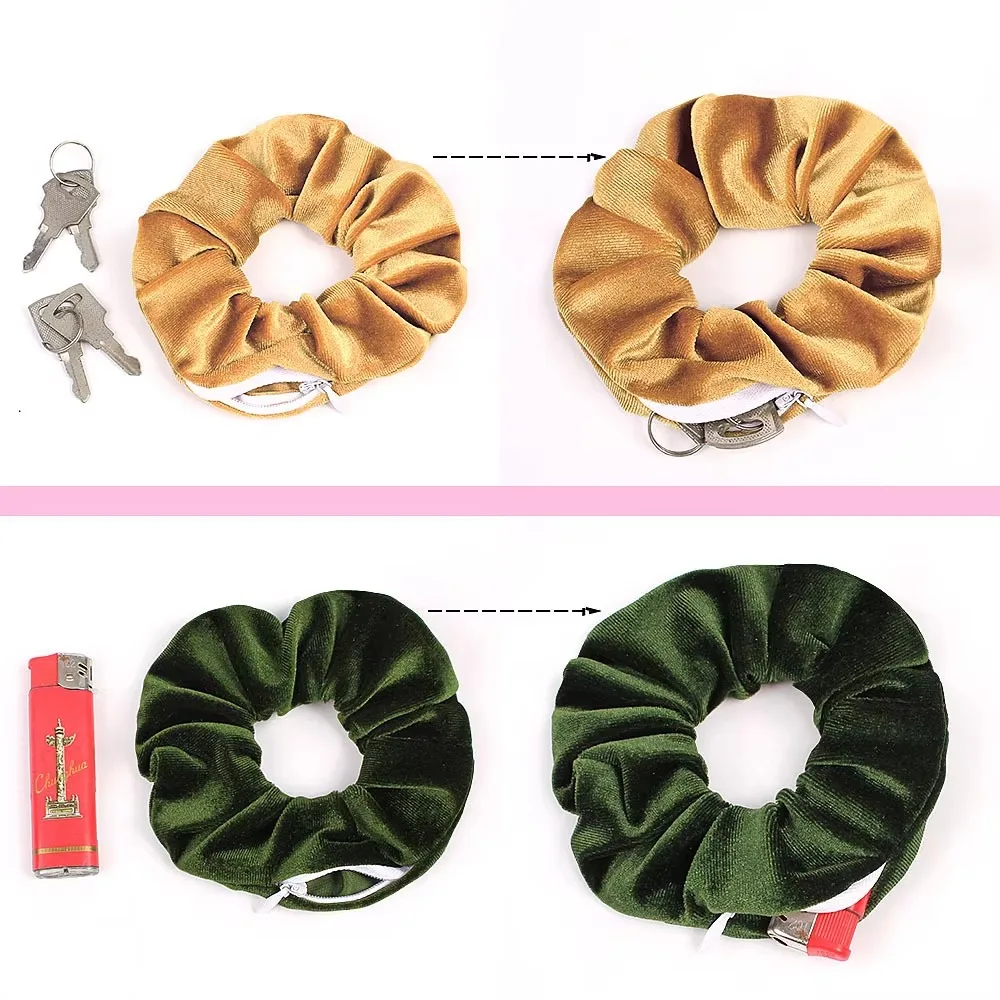 Portable Hidden Hair Tie Hidden Safe Sight With Zipper Hair Rope Hide Key Cash Velvet Storage Case