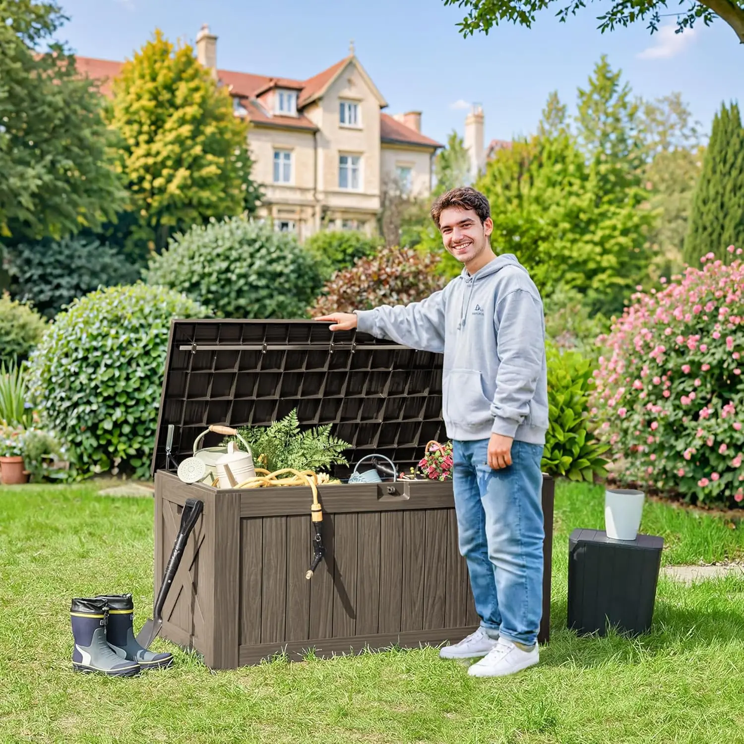 Resin deck box 120 gallon waterproof, with outdoor and indoor storage compartments, courtyard furniture, garden tools (brown)