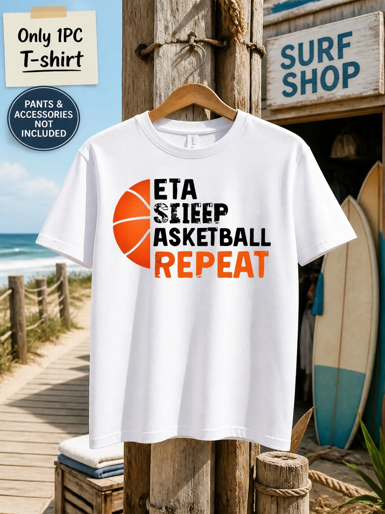 1pc Men'S Graphic T-Shirt Eat Sleep Basketball Repeat Short Sleeve Crew Neck [Solely 1pc T-SHIRT]