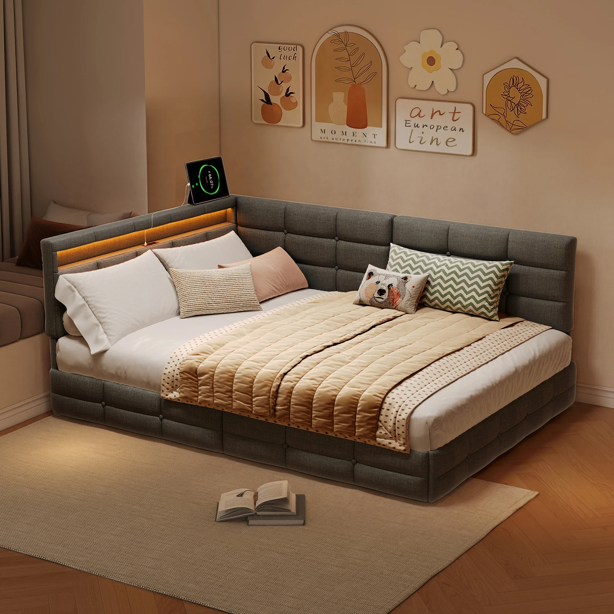 Rosahqnda Polster-Schlafsofa 90/140x200cm mit 2 Schubladen, Jugendbett mit LED-Beleuchtung und USB-Ladestation, Einzelbett