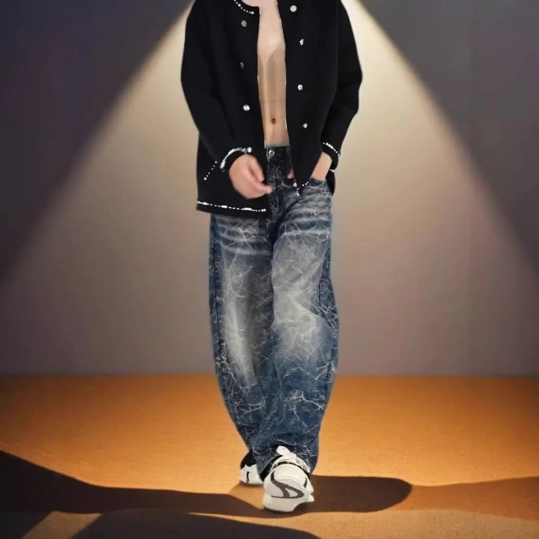 Men's Lightning Pattern Blue Jeans Retro Street Pants Spring Casual Sweatpants Cool Boy Bottom Male High Waist Y2k Trousers