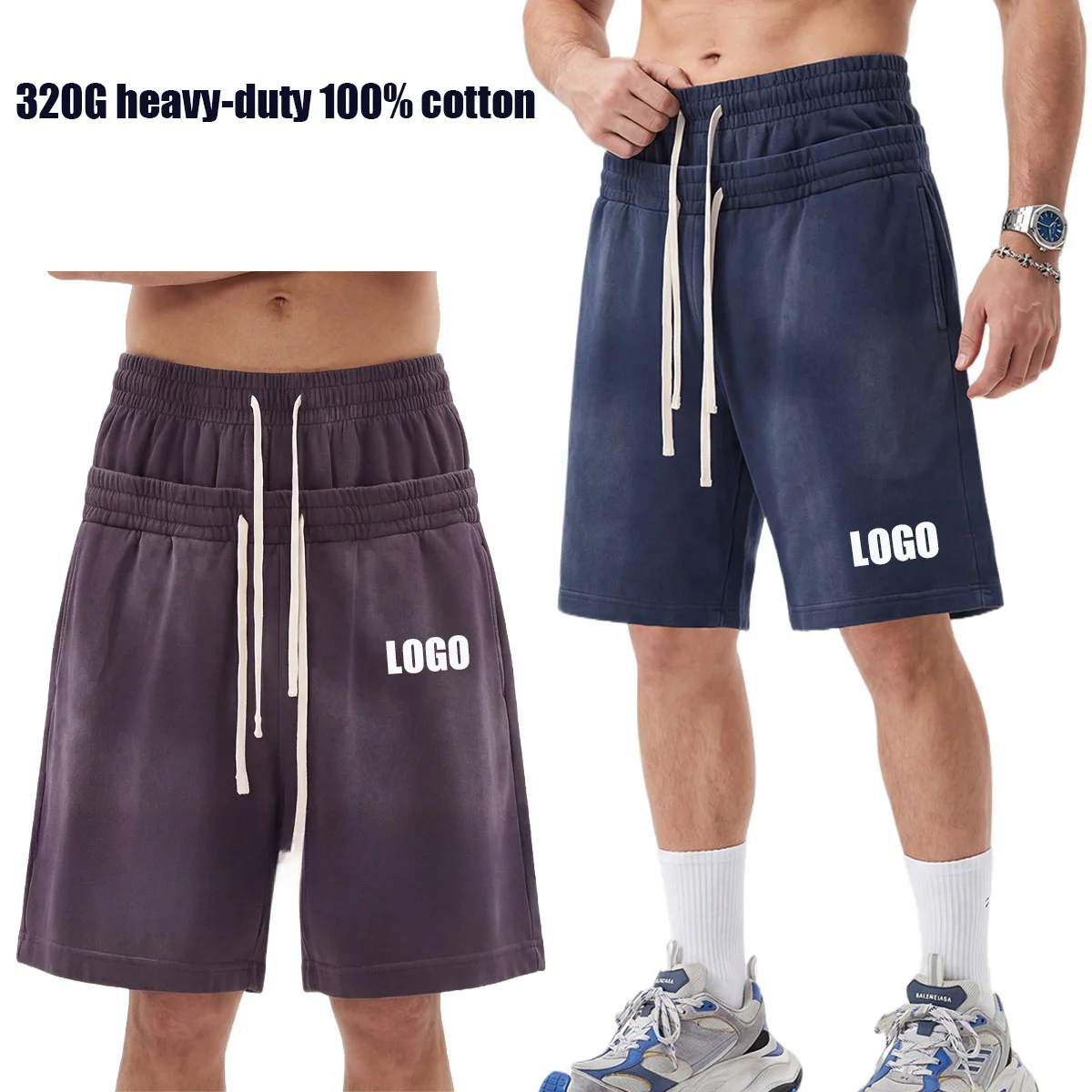 Custom LOGO men's 320G heavy 100% washed and old double waist high waist medium pants loose casual sports five-point shorts