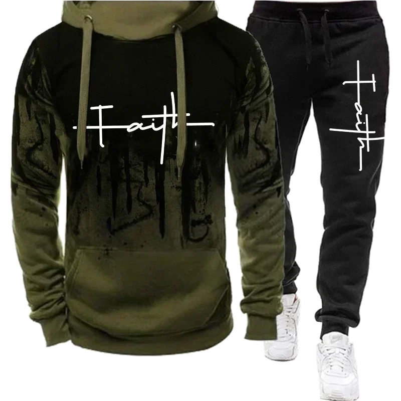 Fashion trend originality Faith Print Autumn Winter Men Casual Tracksuit Men Sweatshirts and Sweatpants 2 Pieces Sets Sportswear