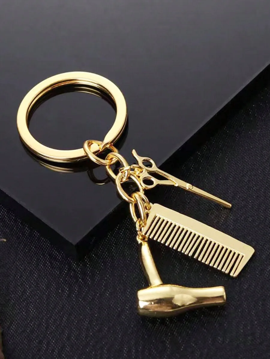 Street Gold Color Diy Hairdressing Scissors Blow Dryer Comb Pendant Shaped Key Chain Car Accessories Bag Charm School Cute Goth