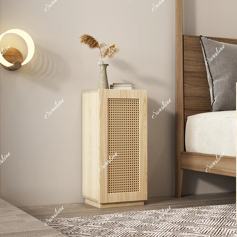 

Rattan solid wood storage bedside table modern simple locker bedroom retro small side cabinet