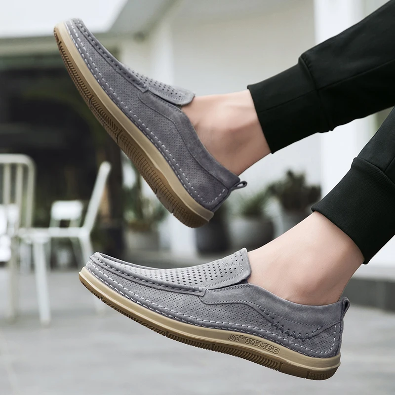 

Hot Sale Men's Punching SuedeLeather Casual Shoes Summer BreathableSoft Sole Brand Middle-aged Old Man Lightweight Loafers Shoes