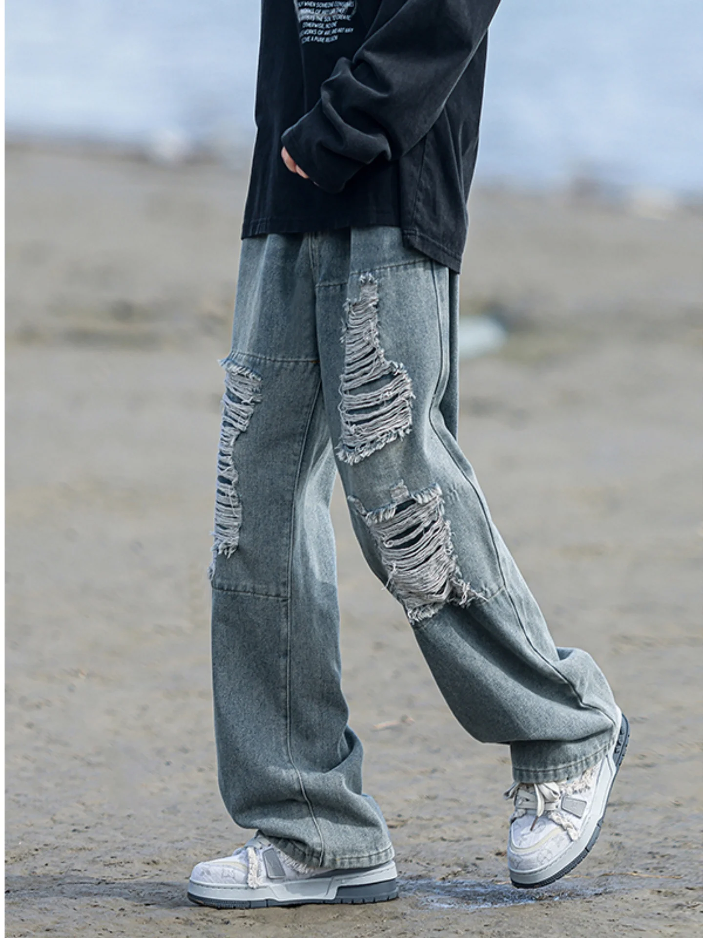 

Men's American High Street Sle Ripped Denim Pants Spring New Loose Straight Leg Wide Leg Street Dance Beggar's Pants