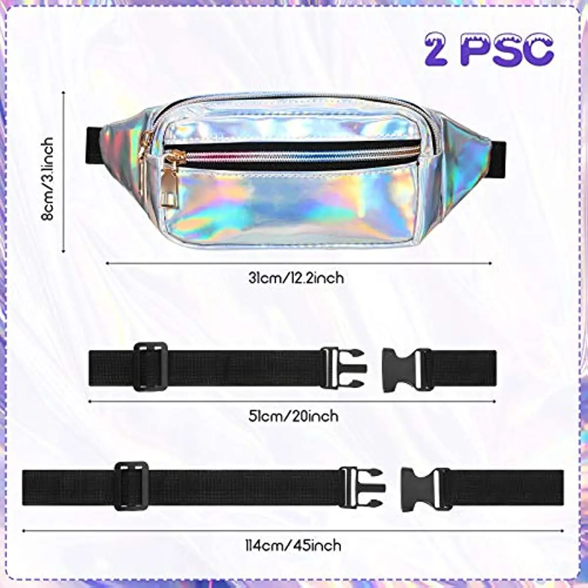 2 Pieces Fanny Pack Shiny Holographic Waist Bags Waterproof Neon bag for Festival Party Travel Rave Hiking Outdoor Activities