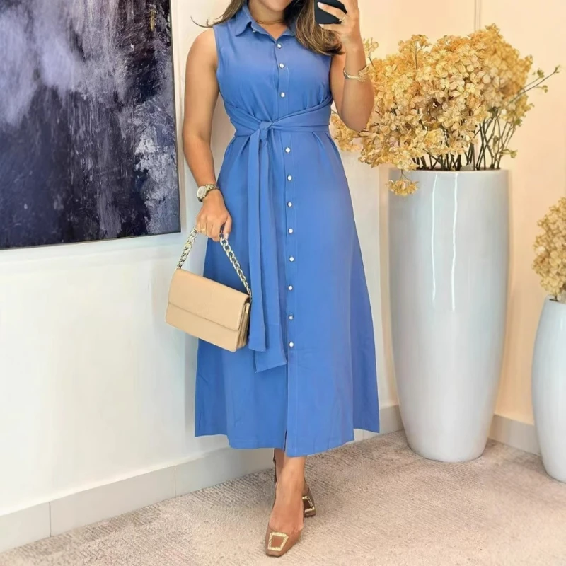 Commerce extérieur femmes vêtements nouveau élégant et polyvalent mode sans manches taille chemise robe femmes longue robe tempérament élégant