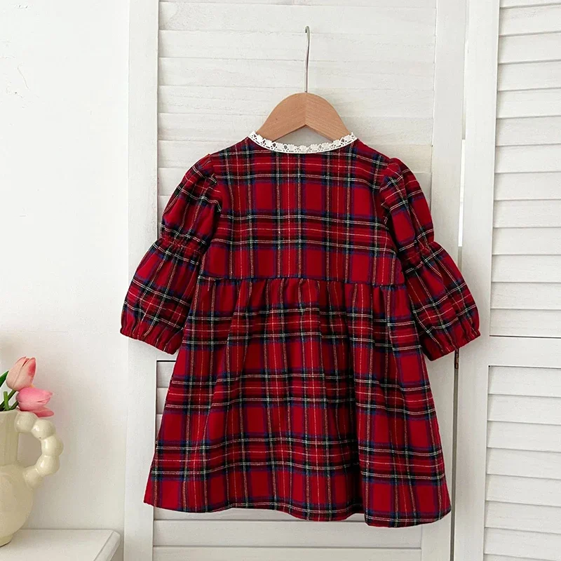 Children Clothes 1-6Yrs Christmas Girls Red Dress Toddler Dress Baby Kid Girls Lace Ruffles Tutu Party Dress Plaid Xmas Costumes