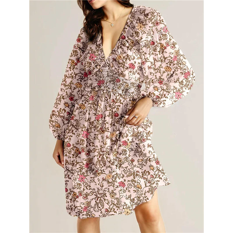 Abiti autunnali da donna Boho floreale scollo a V manica lunga smock elastico in vita casual mini abito a trapezio prendisole