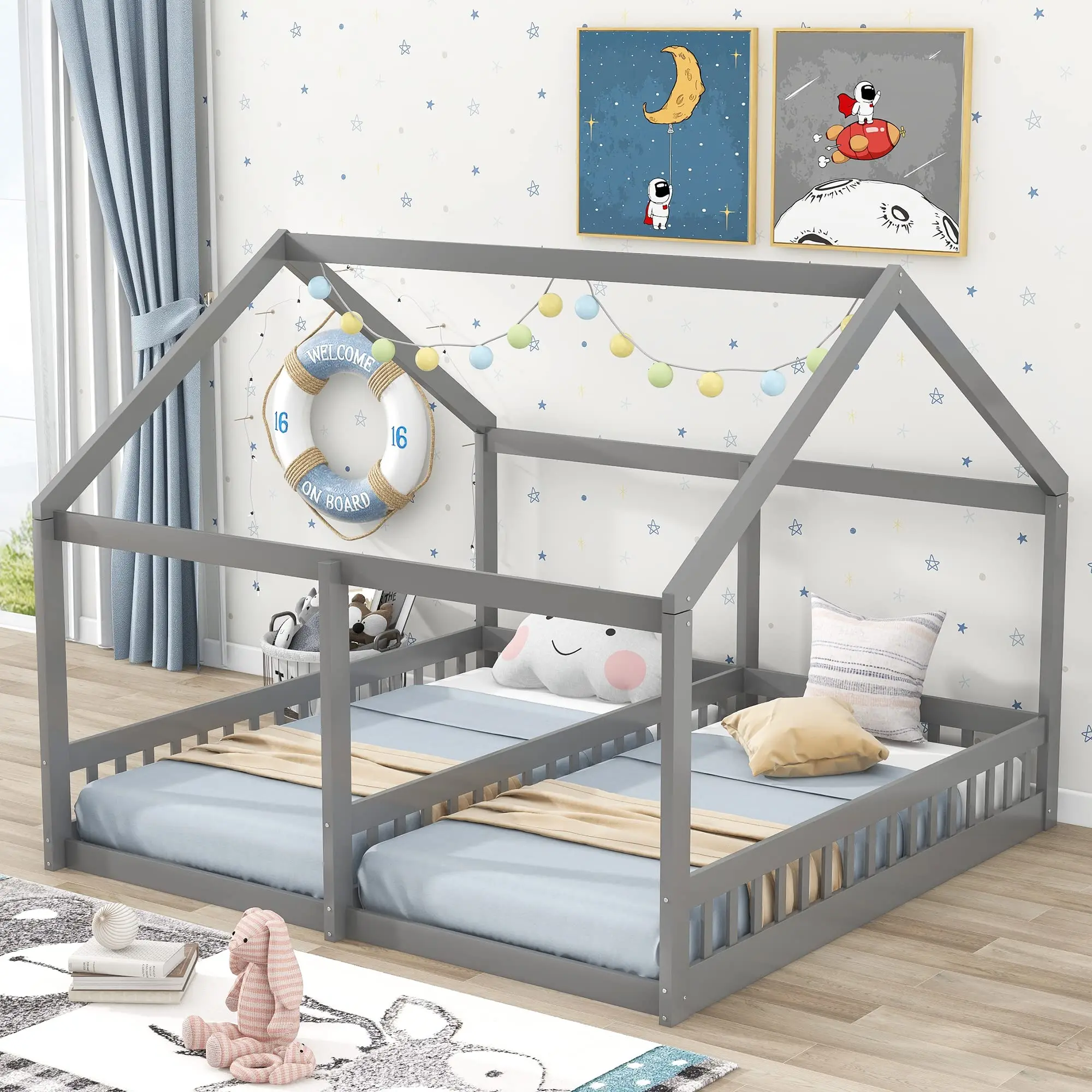 Twin Size Floor Bed for 2 Kids,Two Shared Beds House Platform Bed Frame,Double Twin Bed with Guardrails for
