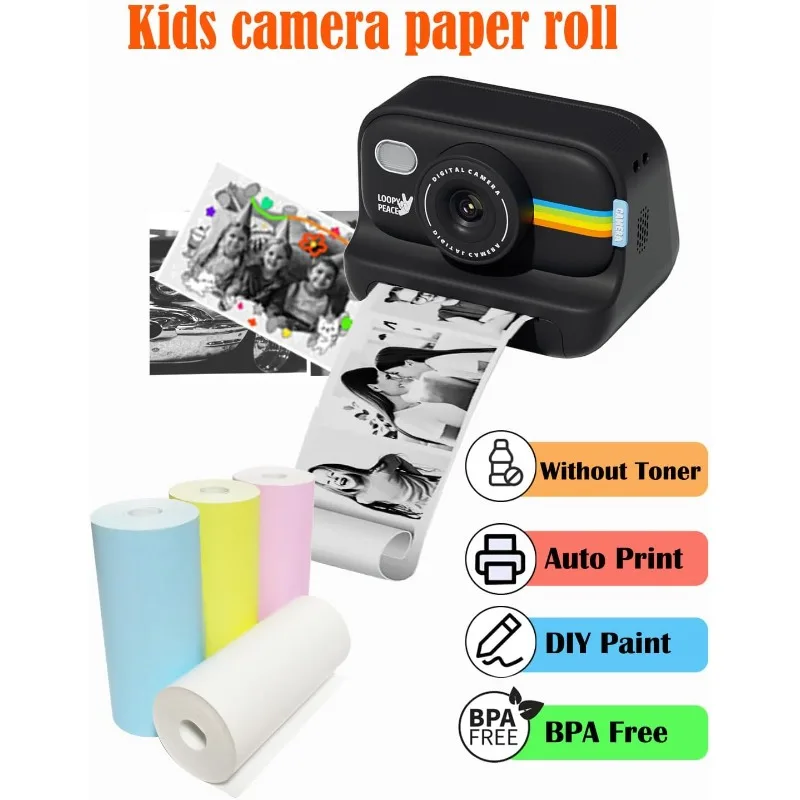 Kids Camera Paper Roll,12 Rolls for Kids Instant Camera Refill Print Paper,HD Printing Set Portable Paper Film Camera,No-Sticky