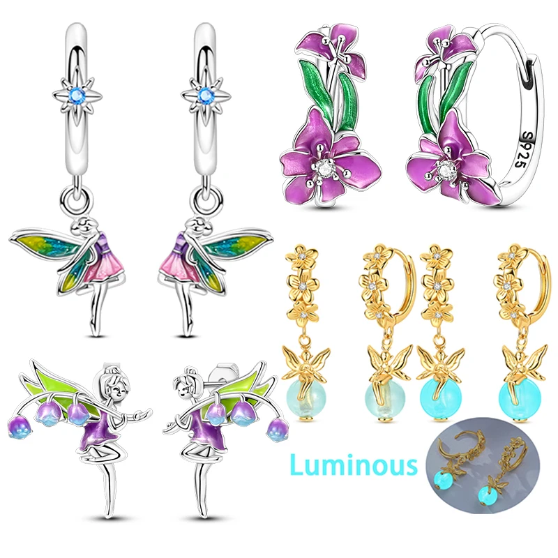 

Серьги-кольца из стерлингового серебра 925 пробы с крыльями девушки, цветком и тюльпаном, звездные лепестки, женские серьги-гвоздики с цирконием, сверкающие серьги-кольца, ювелирные изделия, подарок