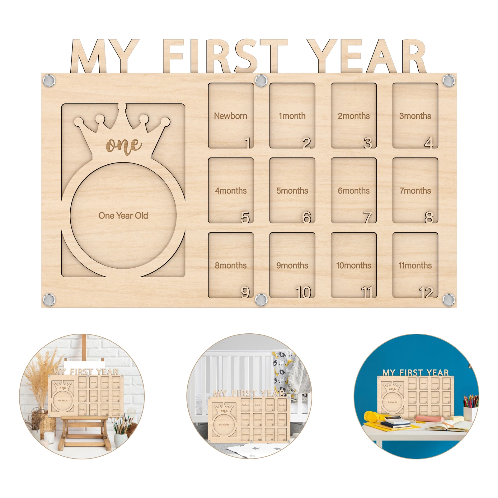 \'My First Year\' 2-Layer Wooden Photo Board with Crown Design – 13 Photo Slots for Baby Milestones from Newborn to 1 Year