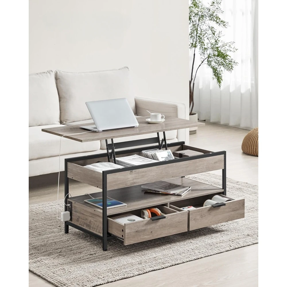 Lift Top Coffee Table with Storage Drawers and Charging Station, Coffee Table for Living Room with Lifting Top, Open Shelf