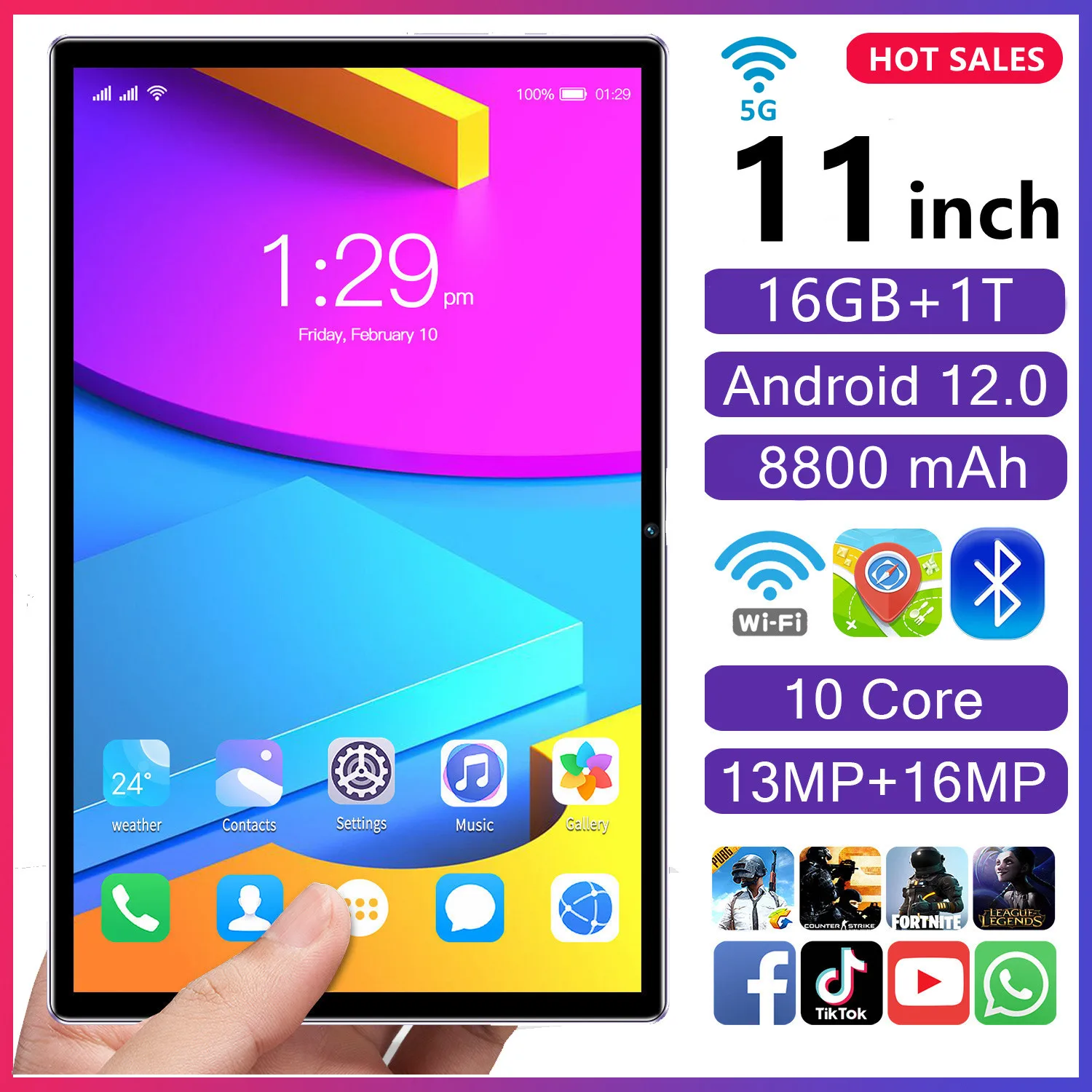 2023 NEW 11 Inch Android Tablet Android 12 16GB RAM +1T ROM Deca Core 8+13MP WPS+5G WiFi Bluetooth Dual SIM Phone Call Tablet Pc