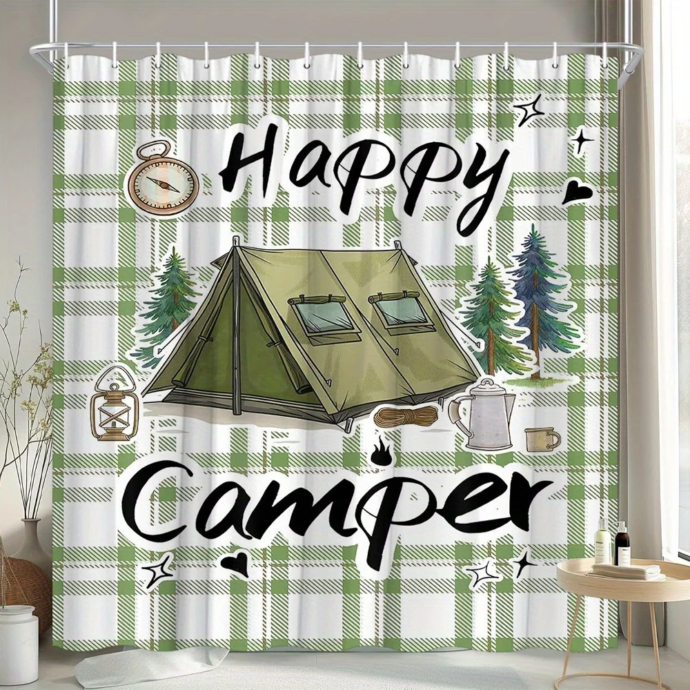 Cortina de ducha para acampada, diseño de camper feliz con tienda verde, pinos, brújula, linterna, patrón a cuadros, poliéster, 1 ud.